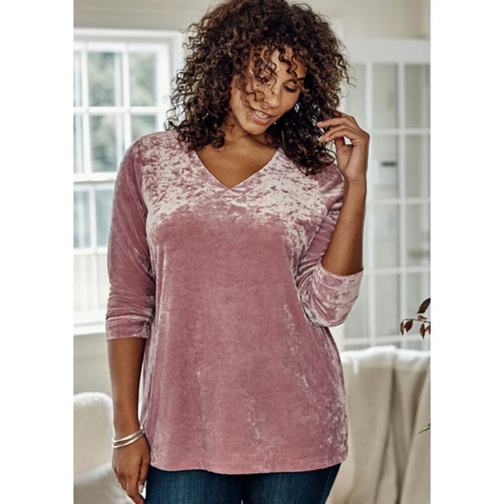 J. Jill Crushed Velvet Velour V-Neck Tunic Top Blouse Holiday Pink Mauve Large